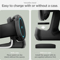 AMP05796 - Pixel Watch Stand Black S354 in black showing the versatile stand. Easy to charge with or without a case. With case (place watch on the stand w/o the spacer) Without case (Install the spacer with its pre-applied adhesive first)