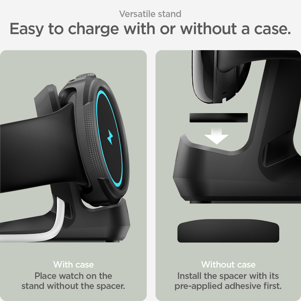 AMP05796 - Pixel Watch Stand Black S354 in black showing the versatile stand. Easy to charge with or without a case. With case (place watch on the stand w/o the spacer) Without case (Install the spacer with its pre-applied adhesive first)