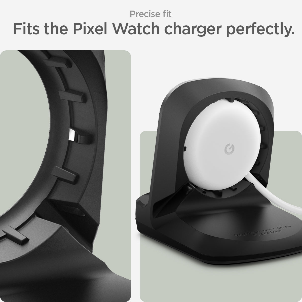 AMP05796 - Pixel Watch Stand Black S354 in black showing the precise fit. Fits the Pixel Watch charger perfectly