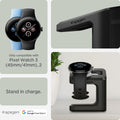 AMP073933 - Pixel Watch Stand Black S355 showing the compatibility. Only compatible with Pixel Watch 3 (45mm/41mm), 2, stand in charge
