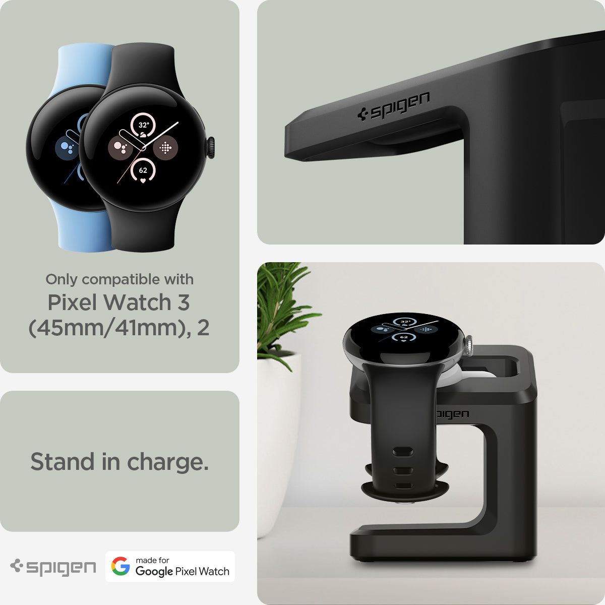 AMP073933 - Pixel Watch Stand Black S355 showing the compatibility. Only compatible with Pixel Watch 3 (45mm/41mm), 2, stand in charge