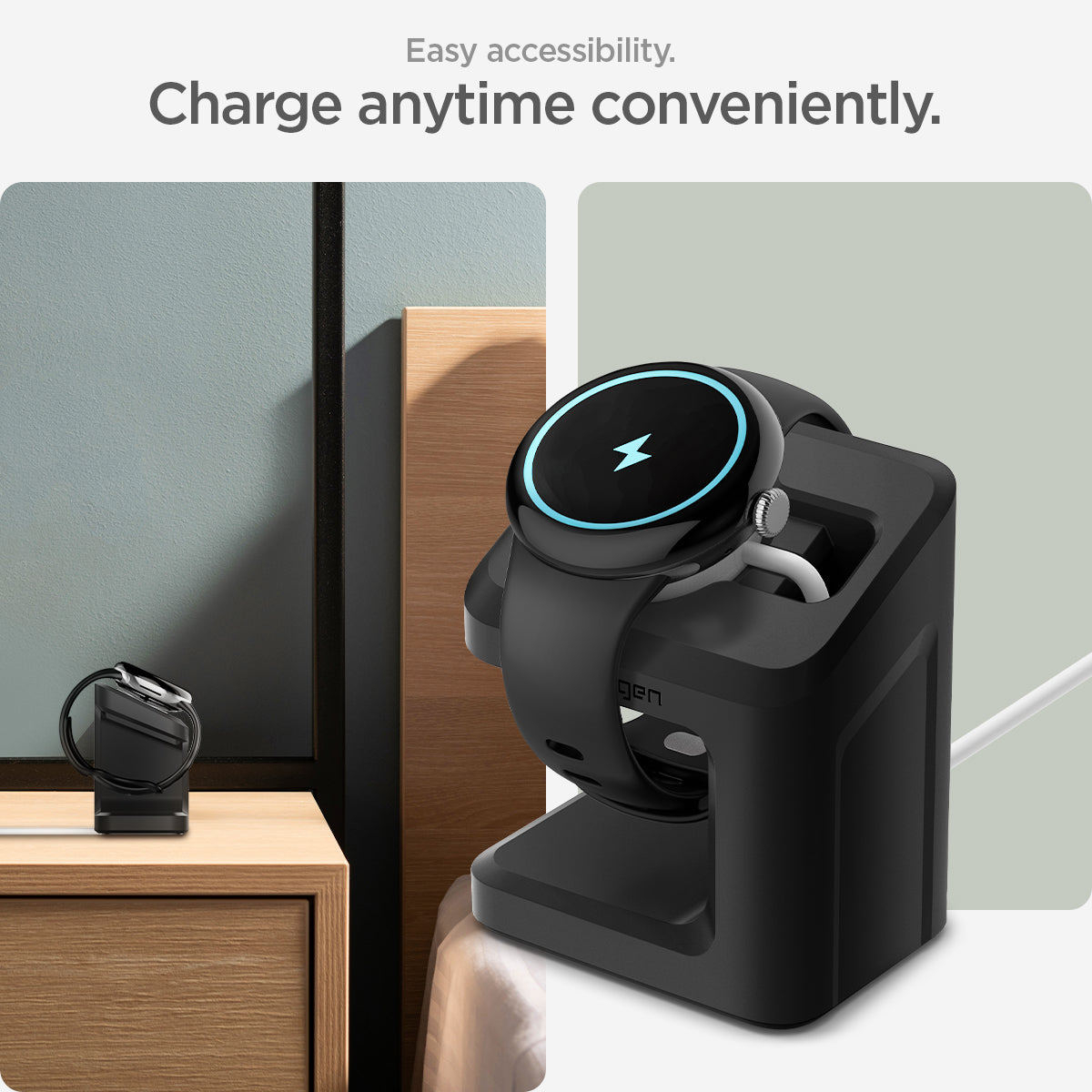 AMP073933 - Pixel Watch Stand Black S355 showing the easily accessibility. Charge anytime conveniently