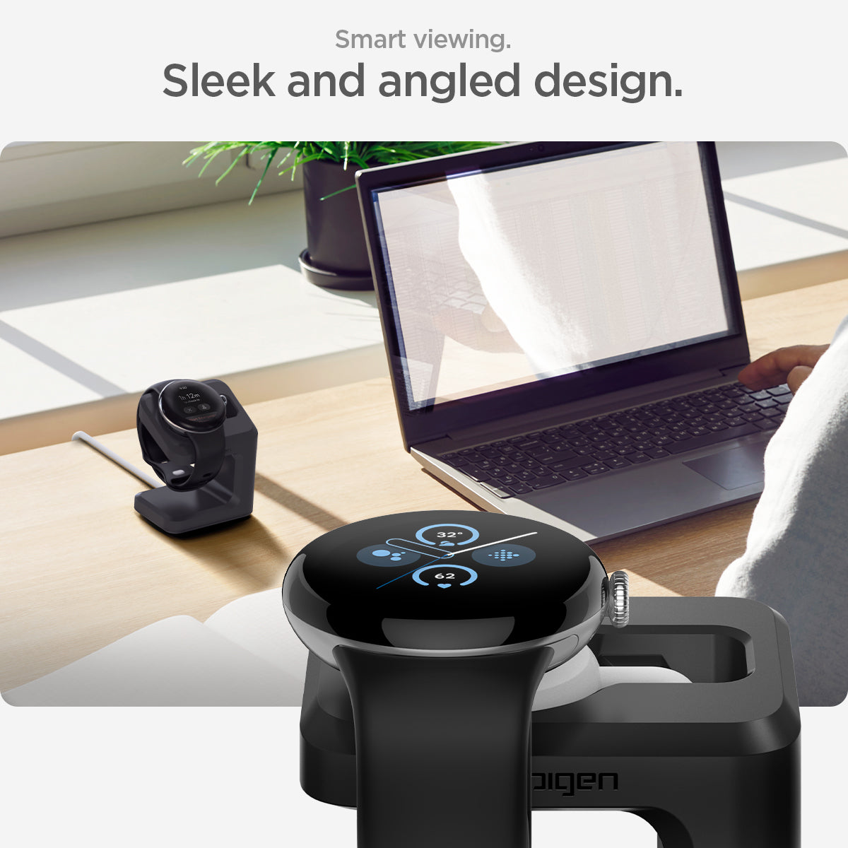 AMP073933 - Pixel Watch Stand Black S355 showing the smart viewing. Sleek and angles design