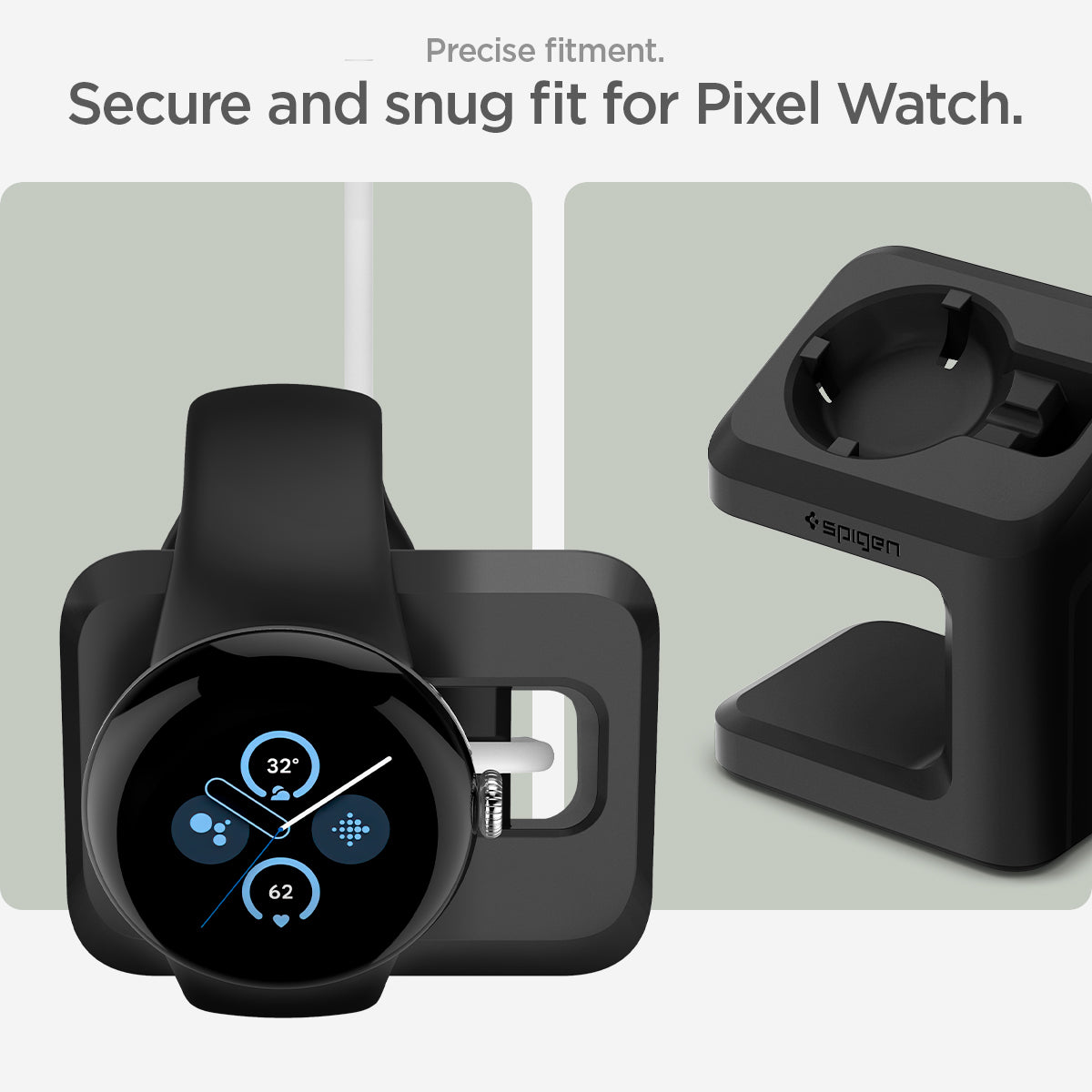 AMP073933 - Pixel Watch Stand Black S355 showing the precise fitment. Secure and snug fit for Pixel Watch