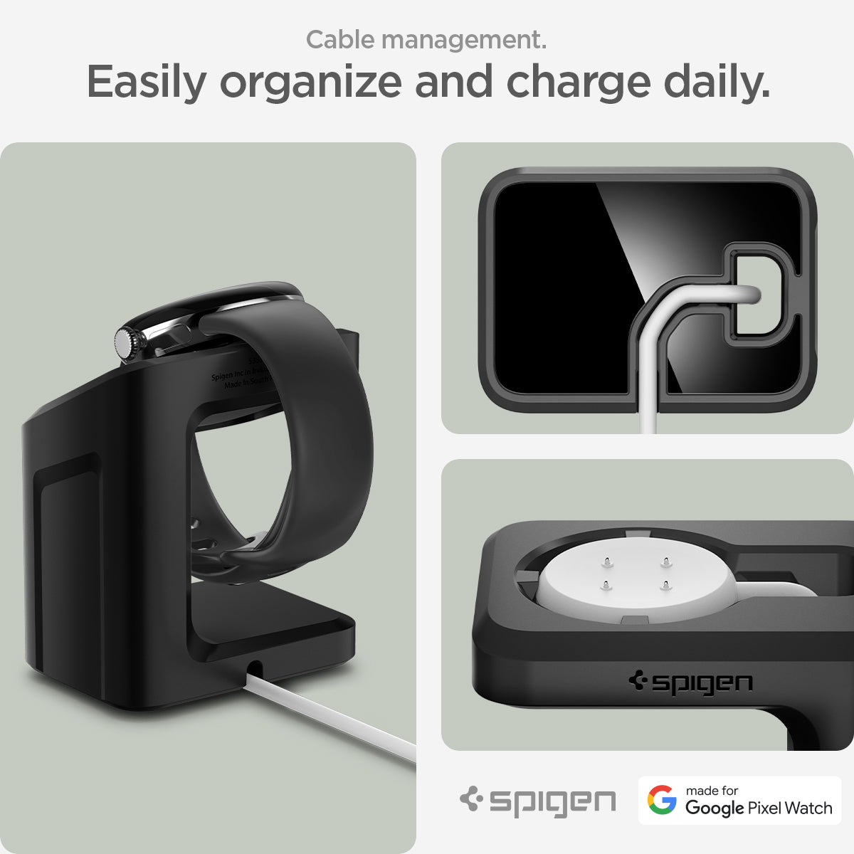 AMP073933 - Pixel Watch Stand Black S355 showing the cable management. Easily organize and charge daily.