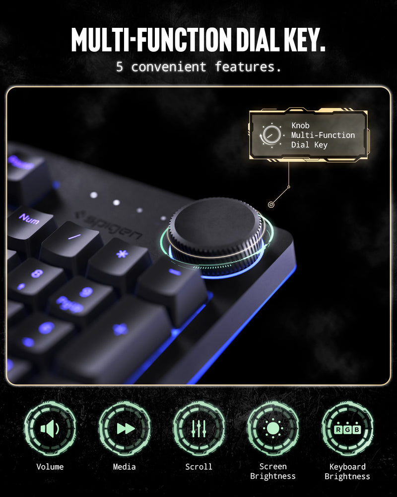 APP06427 - Spigen ArcPLAY Keyboard showing the multi-function dial key with 5 convenient features.