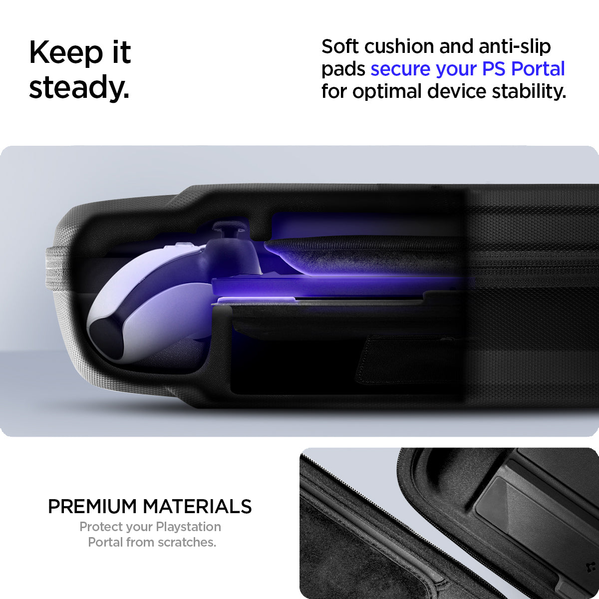 AFA07236 - PlayStation Portal Rugged Armor Pro Pouch in Black showing the soft cushion and anti-slip pads secure your PS Portal for optimal device stability made with premium materials. Protect your PlayStation Portal from scratches 