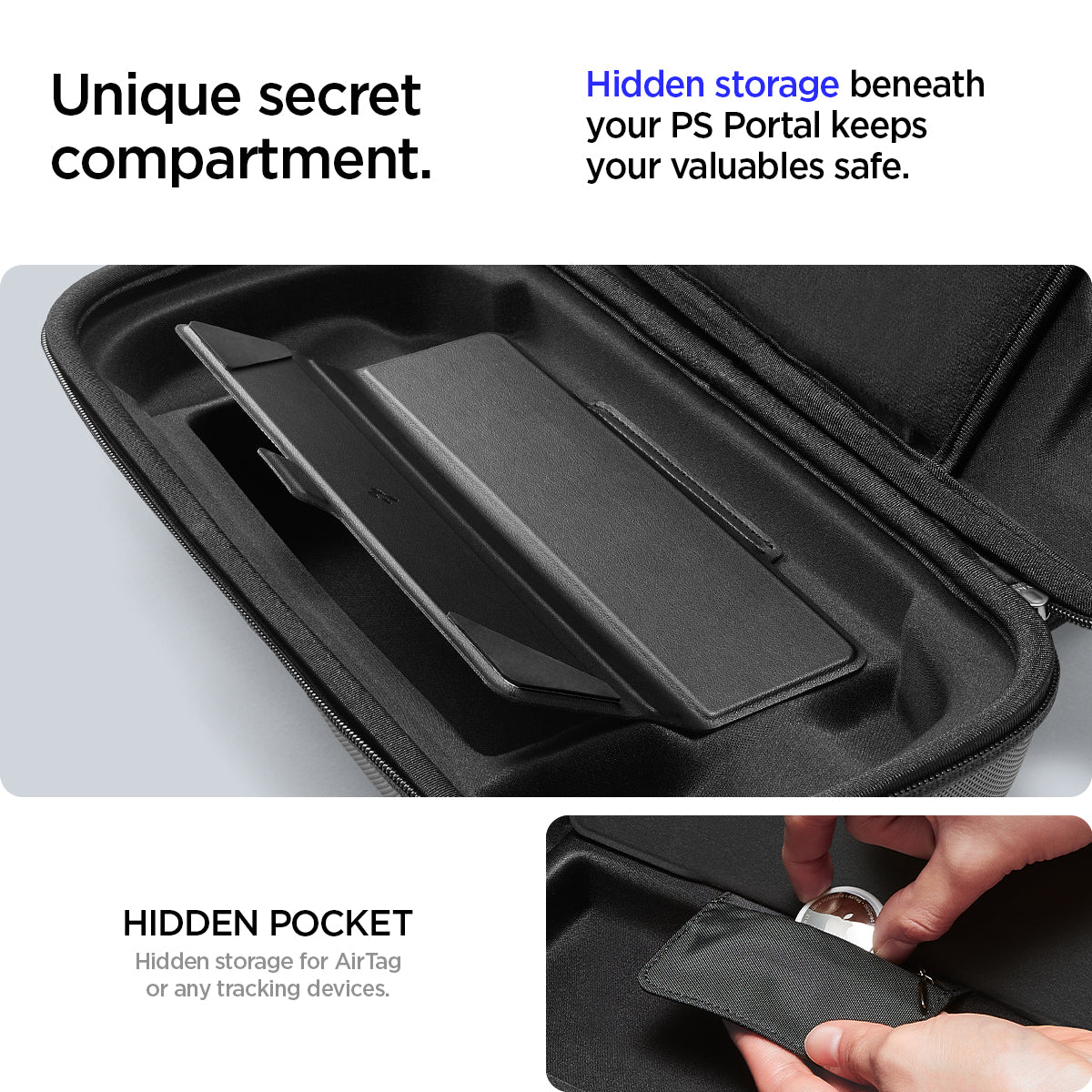 AFA07236 - PlayStation Portal Rugged Armor Pro Pouch in Black showing the unique secret compartment. Hidden storage beneath your PS Portal keeps your valuables safe with hidden pocket. Hidden storage for AirTag or any tracking devices