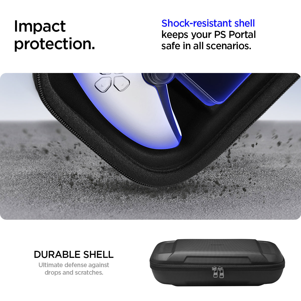 AFA07236 - PlayStation Portal Rugged Armor Pro Pouch in Black showing the impact protection. Shock-resistant shell keeps your PS Portal safe in all scenarios. Durable Shell. Ultimate defense against drops and scratches