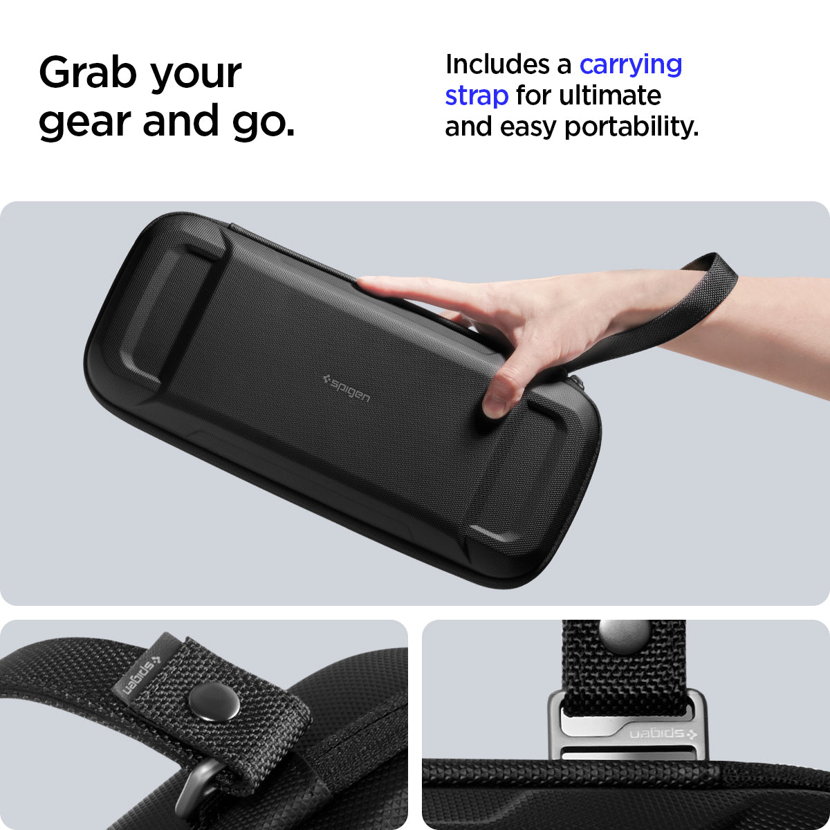 AFA07236 - PlayStation Portal Rugged Armor Pro Pouch in Black showing the inclusions. A carrying strap for ultimate and easy portability 
