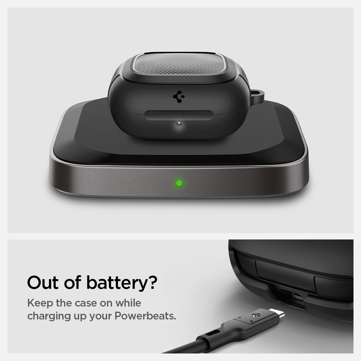 ACS09441 - Powerbeats Pro 2 Rugged armor in matte black out of battery? keep the case on while charging up your powerbeats.