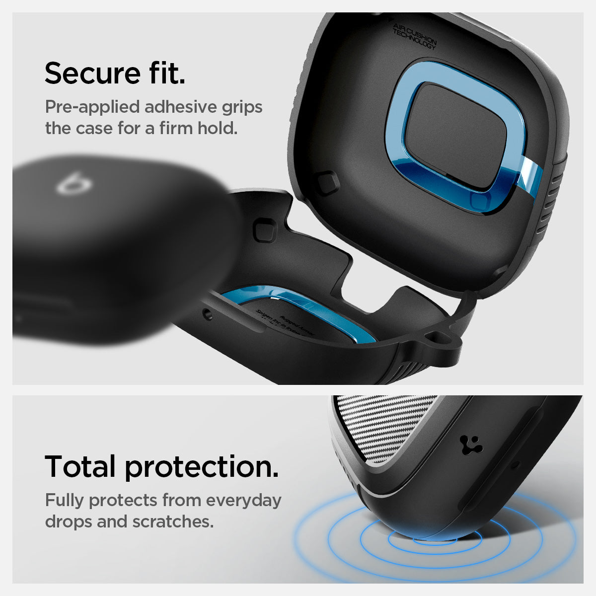 ACS09441 - Powerbeats Pro 2 Rugged armor in matte black secure fit. pre applied adhesive grips the case for a firm hold. total protection. fully protects from everyday drops and scratches.