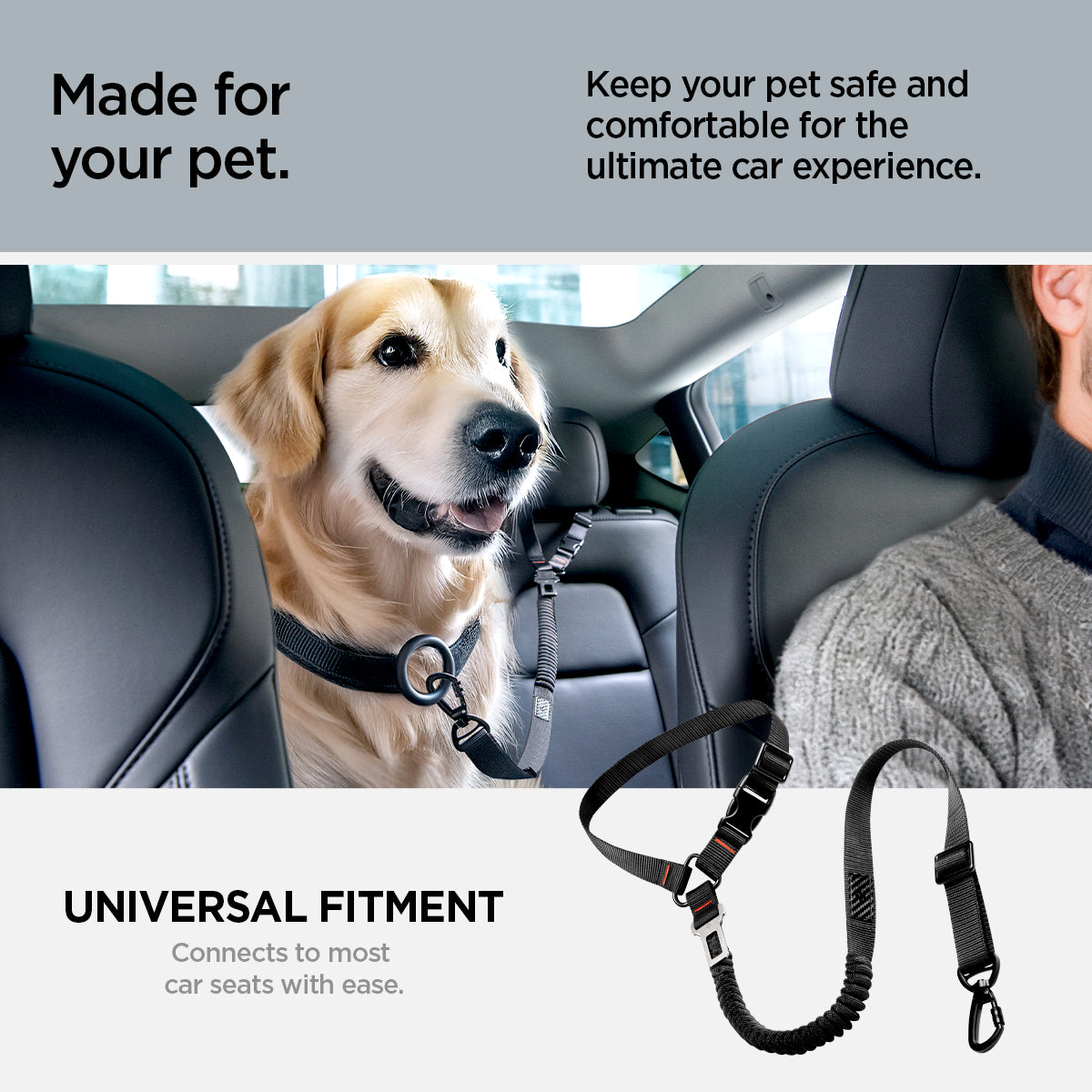 ACP08926 - Pet Car Seatbelt PS100 in Black showing the universal fitment-connects to most car seats with ease. Made for your pet. Keep your pet safe and comfortable for the ultimate car experience