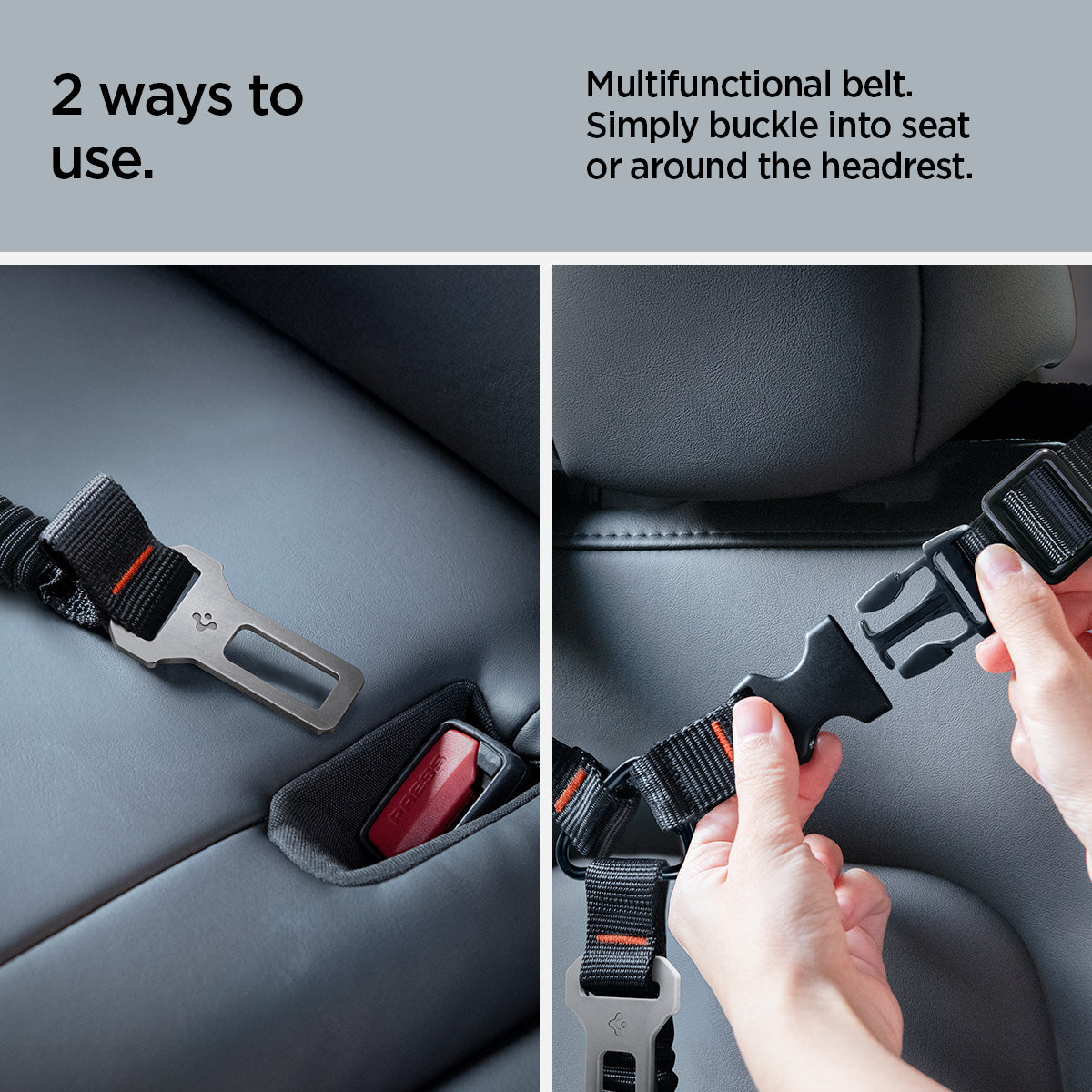 ACP08926 - Pet Car Seatbelt PS100 in Black showing the 2 ways to use. Multifunctional belt. Simply buckle into seat or around the headrest