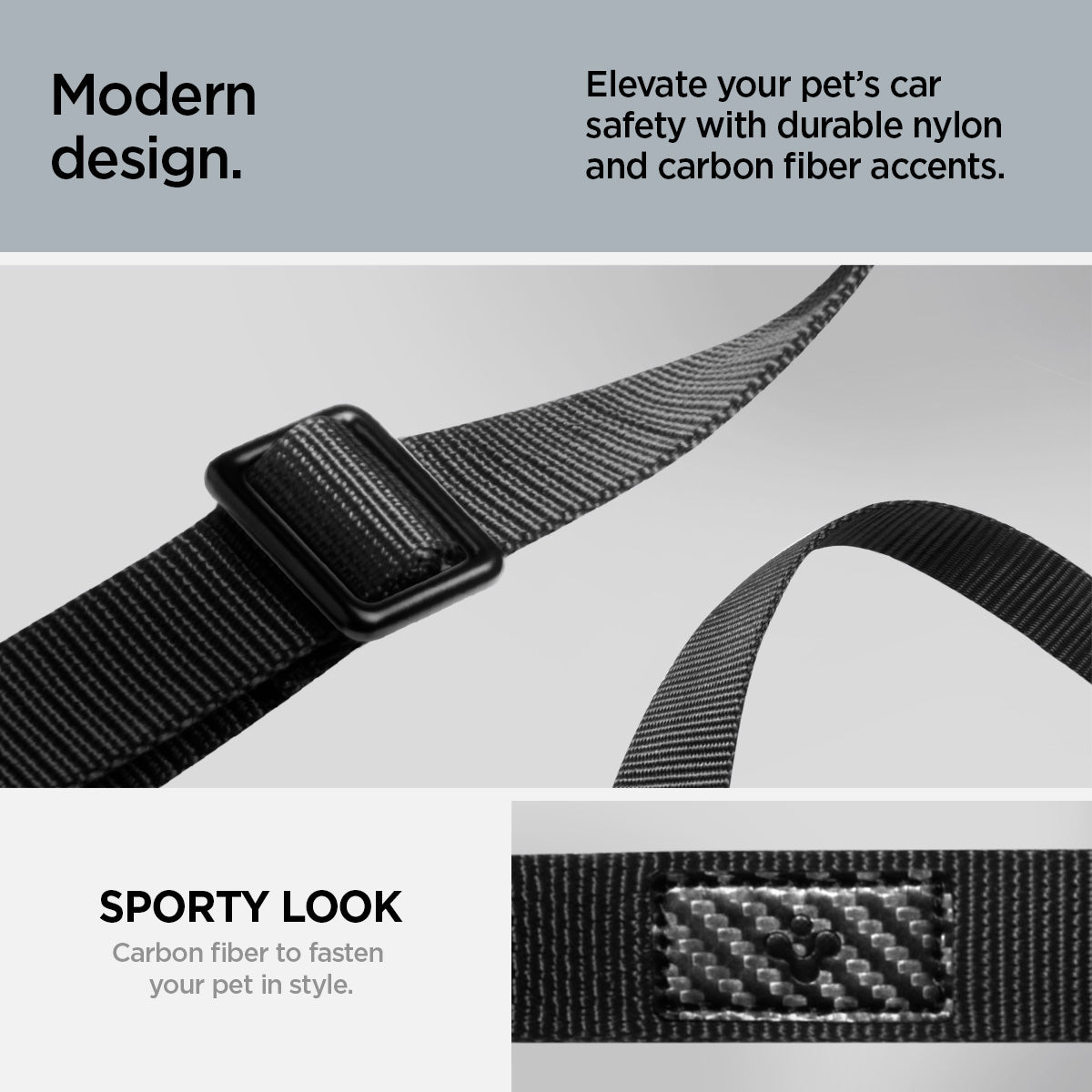 ACP08926 - Pet Car Seatbelt PS100 in Black showing the modern design. Elevate your pet's car safety with durable nylon and carbon fiber accents with sporty look. Carbon fiber to fasten your pet in style