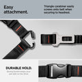 ACP08926 - Pet Car Seatbelt PS100 in Black showing the easy attachment. Triangle carabiner easily screws onto belt when securing to headrest. Durable hold. Strong buckle keeps your pet safe on the drive