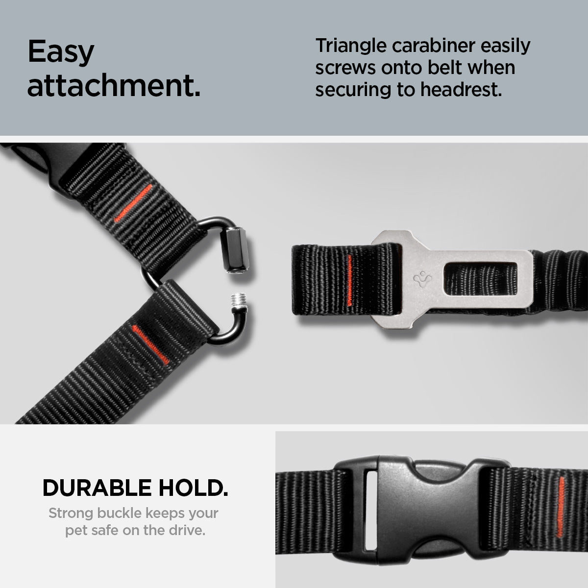 ACP08926 - Pet Car Seatbelt PS100 in Black showing the easy attachment. Triangle carabiner easily screws onto belt when securing to headrest. Durable hold. Strong buckle keeps your pet safe on the drive