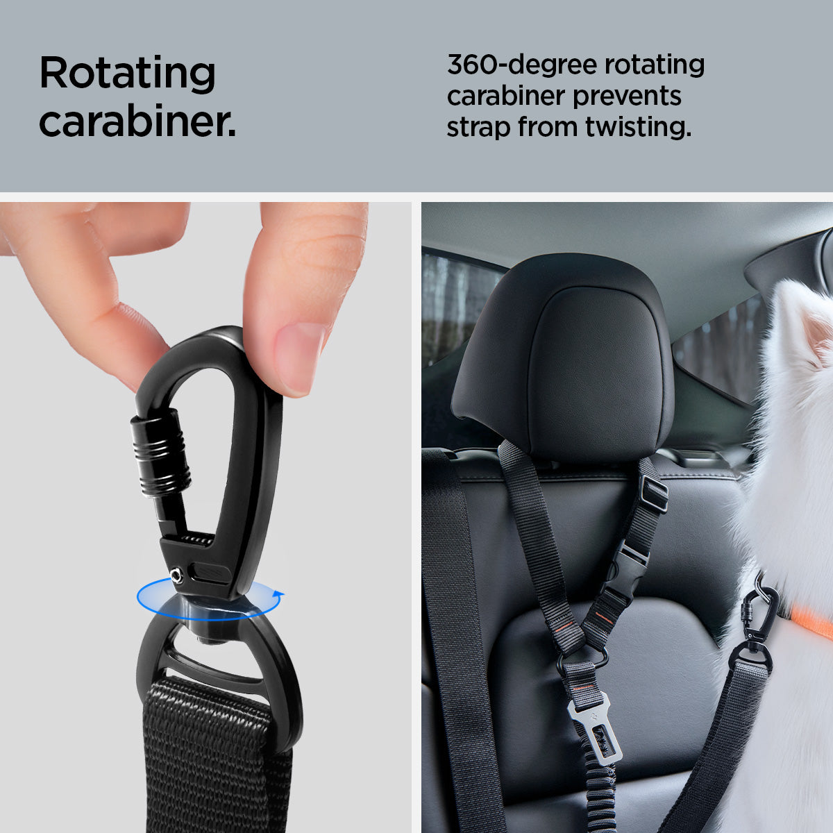 ACP08926 - Pet Car Seatbelt PS100 in Black showing the rotating carabiner. 360-degree rotating carabiner prevents strap from twisting