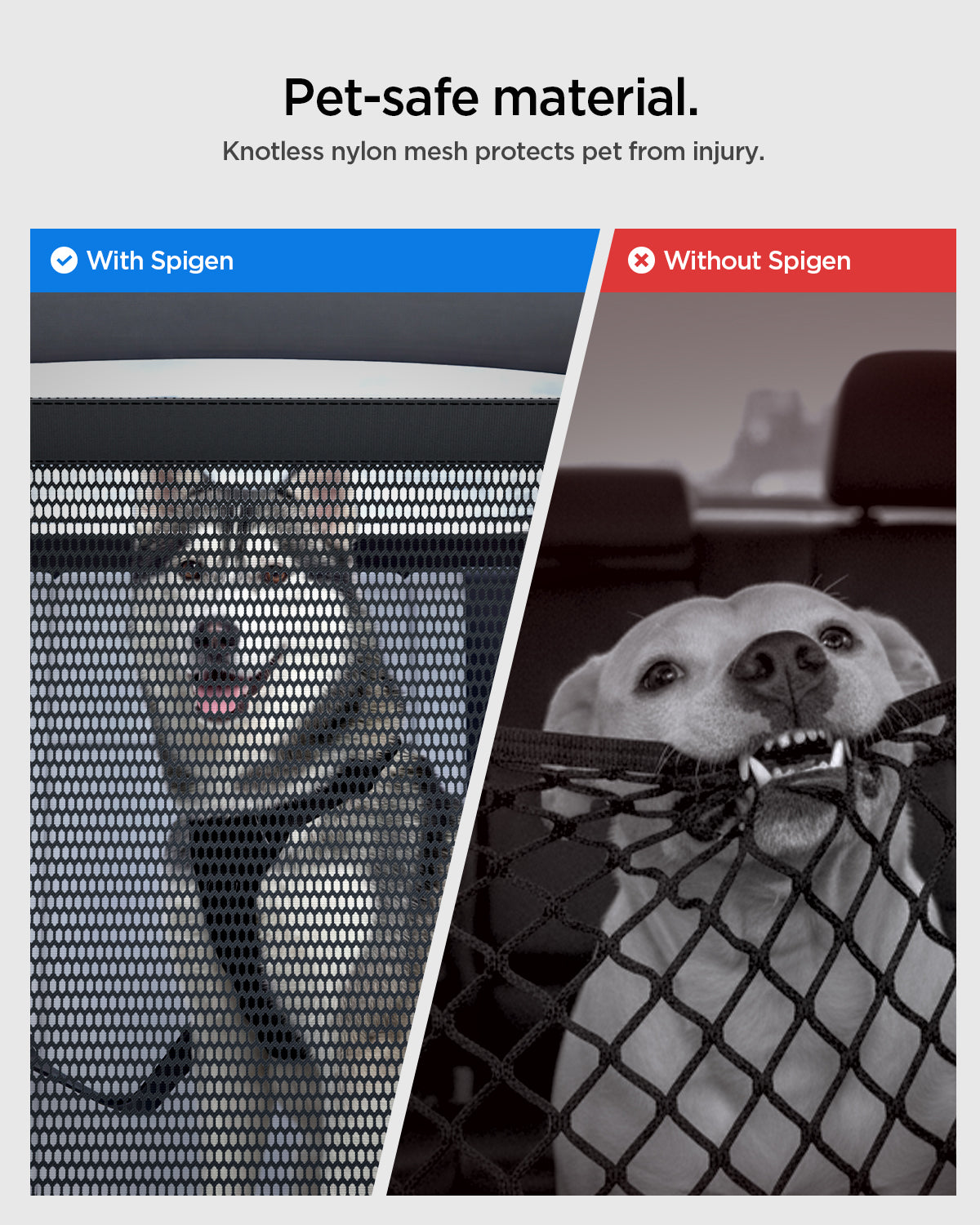 ACP11156 - Spigen Car Seat Pet Barrier comparison showing pet safe knotless mesh versus unsafe netting