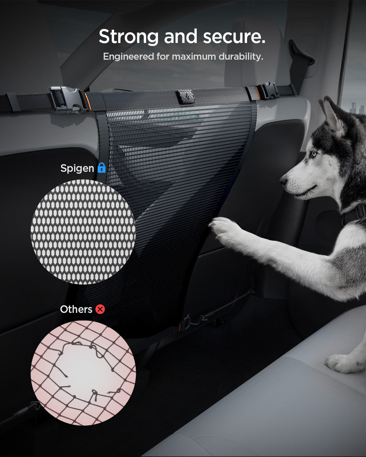 ACP11156 - Spigen Car Seat Pet Barrier showing reinforced mesh construction compared to weaker netting for durability