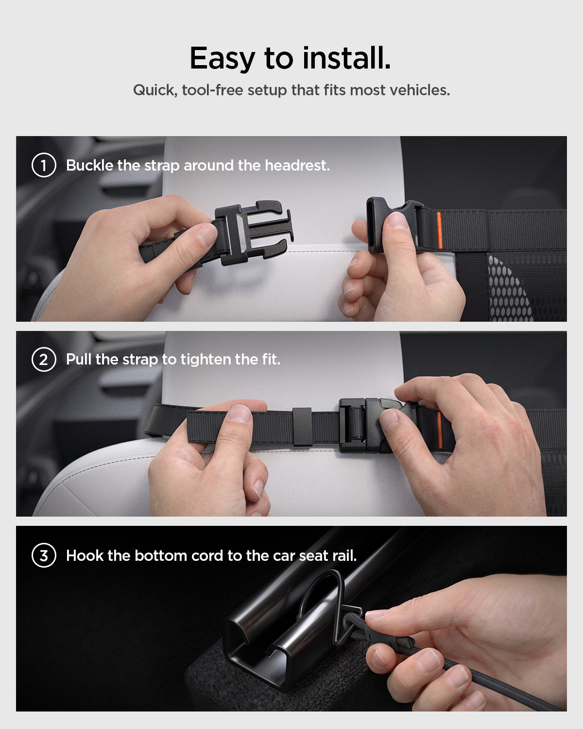 ACP11156 - Spigen Car Seat Pet Barrier showing step by step installation with headrest strap tightening and bottom cord hooked to seat rail
