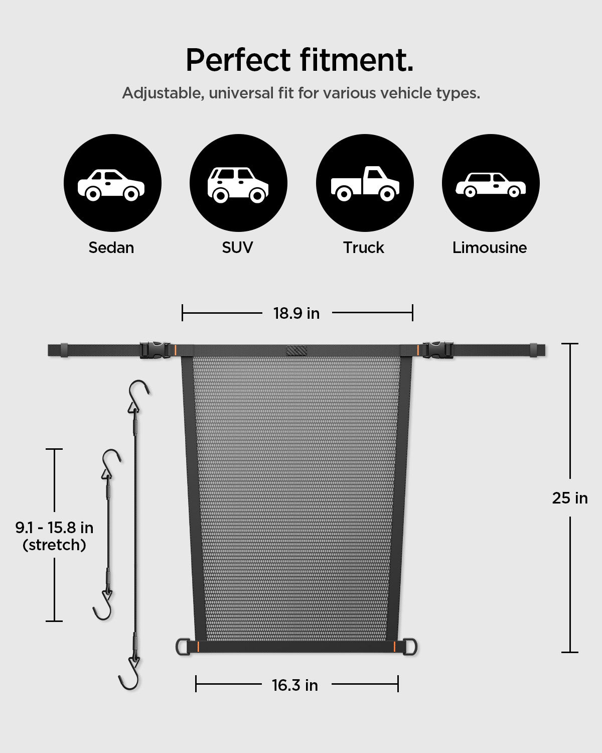 ACP11156 - Spigen Car Seat Pet Barrier showing adjustable size measurements and universal fit for sedan SUV truck and limousine