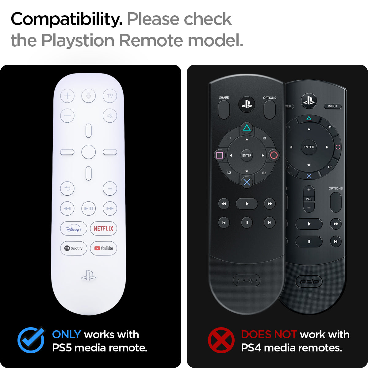 ACS03705 - PS5 Remote Silicone Fit Case in black showing the compatibility. Only works with PS5 media remote and does not work with PS4 media remotes