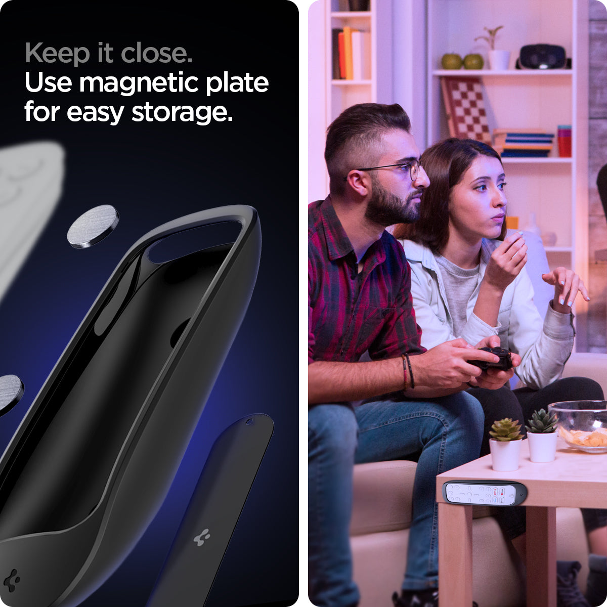 ACS03705 - PS5 Remote Silicone Fit Case in black showing keeping it close. Use magnetic plate for easy storage