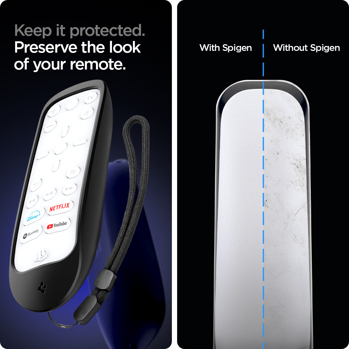 ACS03705 - PS5 Remote Silicone Fit Case in black showing the keep it protected. Preserve the look of your remote