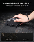 ACP11829 - Spigen pet hair scraper cleaning a car trunk carpet, with before and after comparison showing hair fully removed