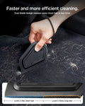 ACP11829 - Spigen pet hair scraper with dual-blade design removing hair from a car trunk carpet, diagram showing Level 2 and Level 3 blade sections