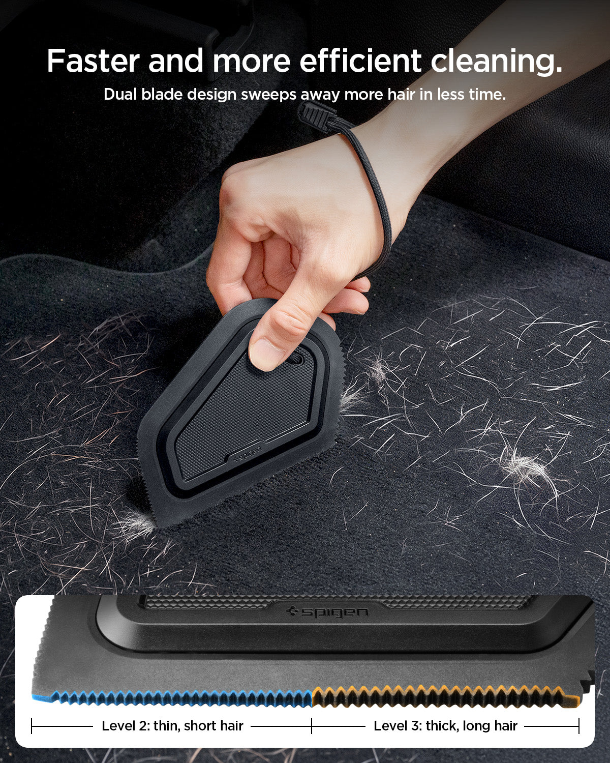 ACP11829 - Spigen pet hair scraper with dual-blade design removing hair from a car trunk carpet, diagram showing Level 2 and Level 3 blade sections