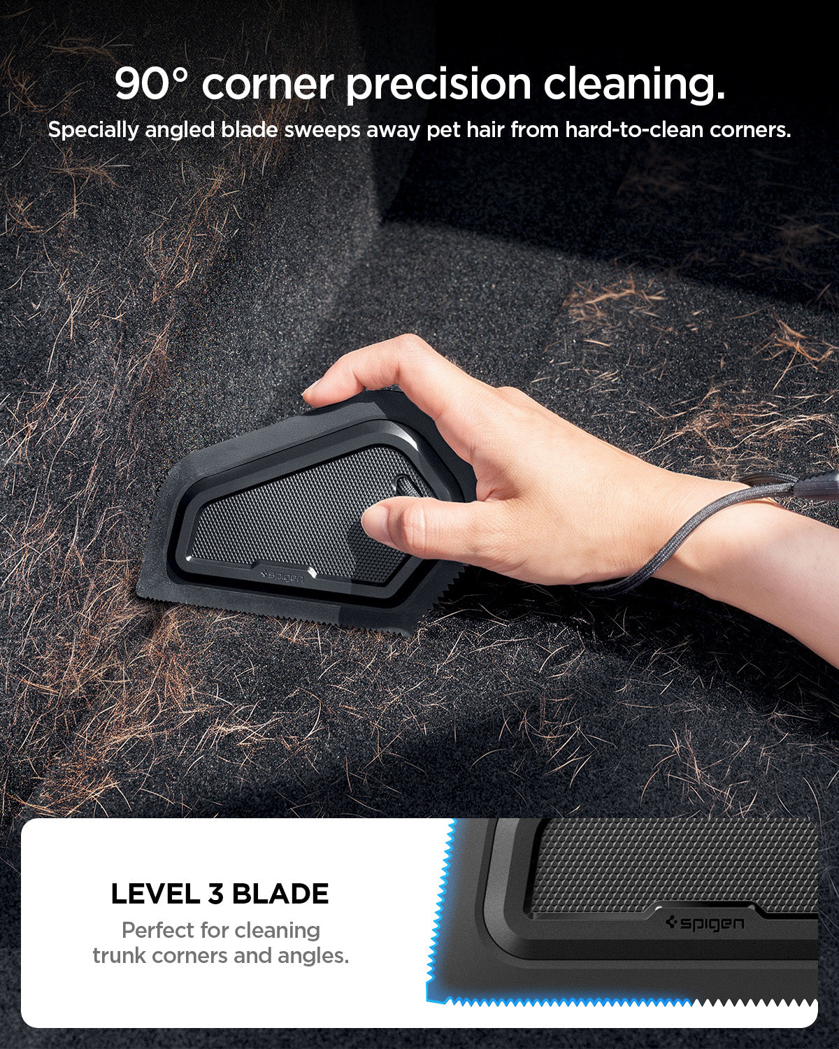 ACP11829 - Spigen scraper's angled Level 3 blade cleaning pet hair from a tight trunk corner