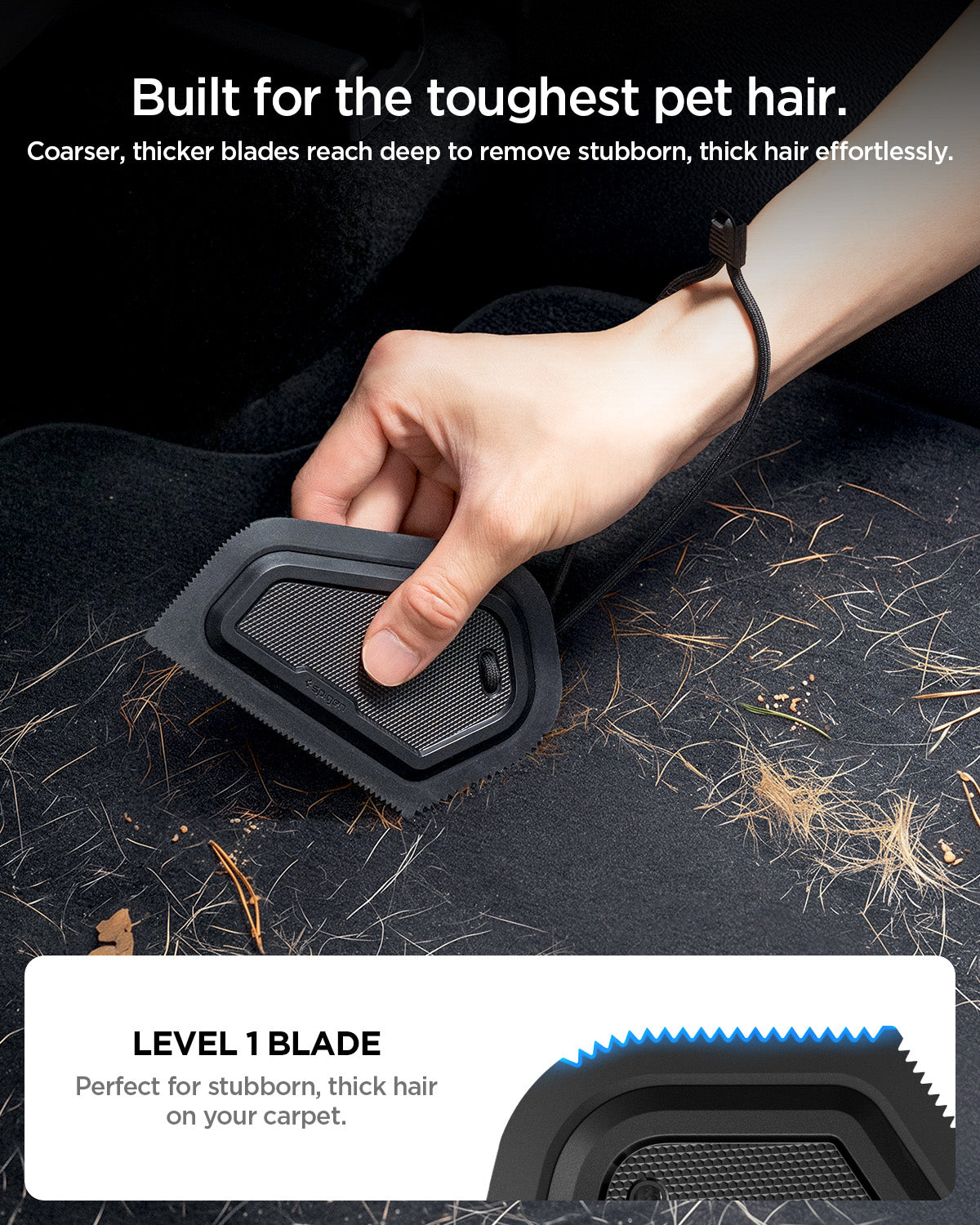 ACP11829 - Spigen scraper's coarse Level 1 blade removing stubborn, thick pet hair from car carpet