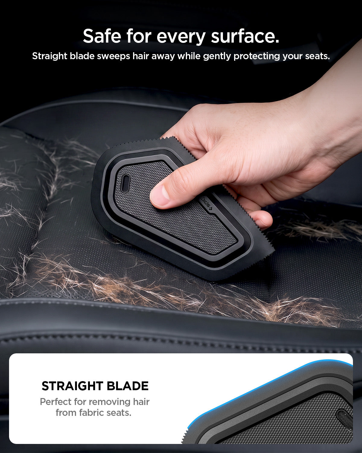 ACP11829 - Spigen scraper's straight blade removing pet hair from a fabric car seat
