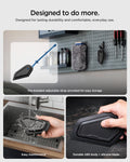 ACP11829 - Spigen pet hair scraper with attachable extension handle, shown being rinsed under water and gripped to highlight its durable ABS body and silicone blade