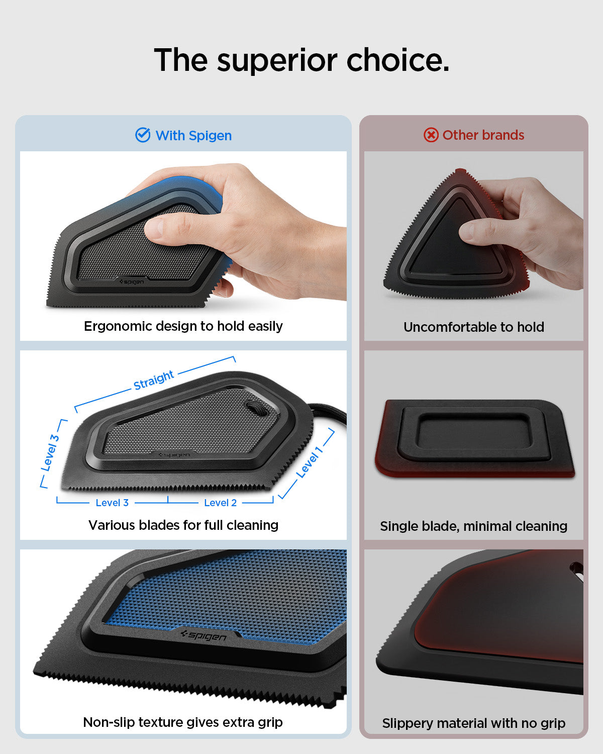 ACP11829 - Comparison chart of Spigen pet hair scraper's ergonomic grip, multiple blade types, and non-slip texture versus other brands' uncomfortable, single-blade, slippery design