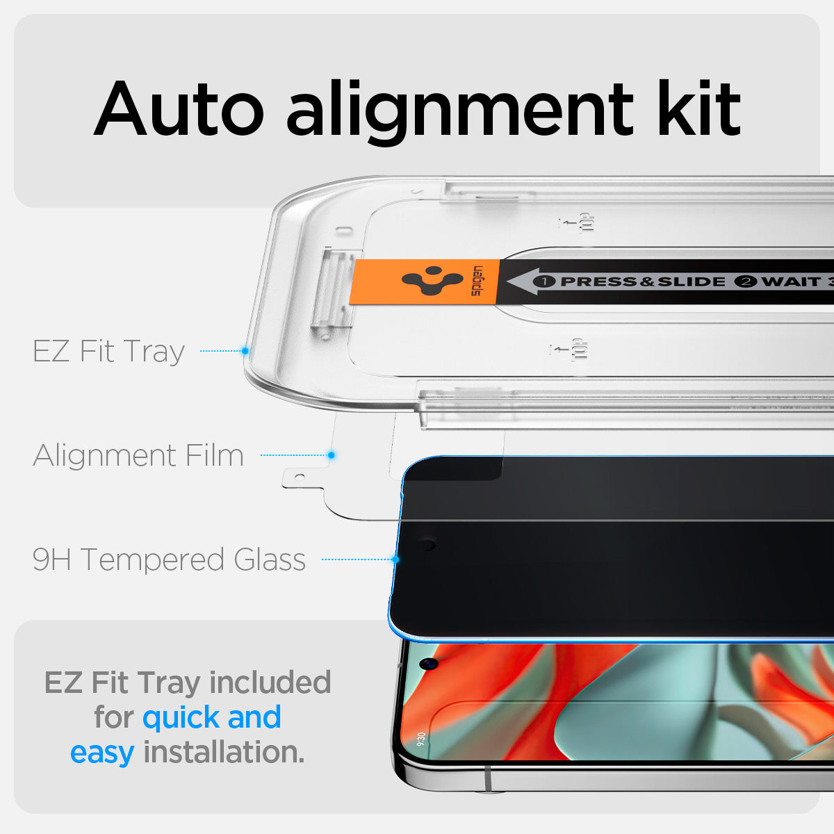 AGL09313 - Pixel 9 Pro XL GLAS.tR EZ Fit Privacy in Privacy showing the auto alignment kit. It Includes EZ Fit Tray, alignment film, 9H Tempered Glass. EZ Fit Tray also included for quick and easy installation