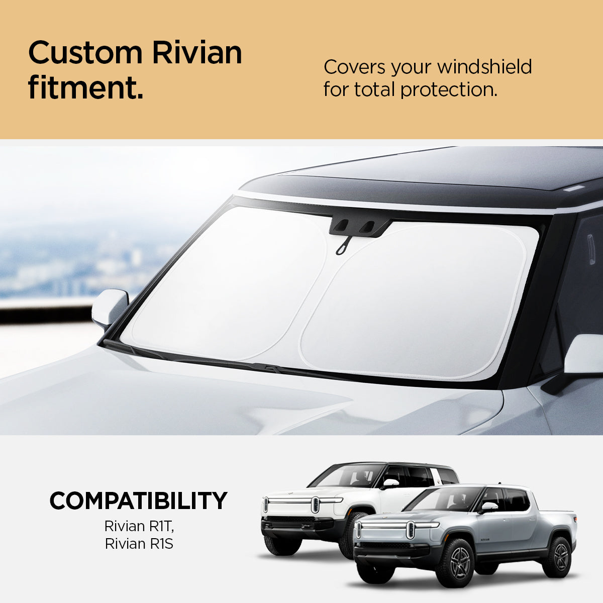 ACP09093 - R1S (2022-2025) Rivian CryoShade RO260 in Black showing the custom Rivian fitment. Covers your windshield for total protection. Compatible with Rivian R1T, and Rivian R1S