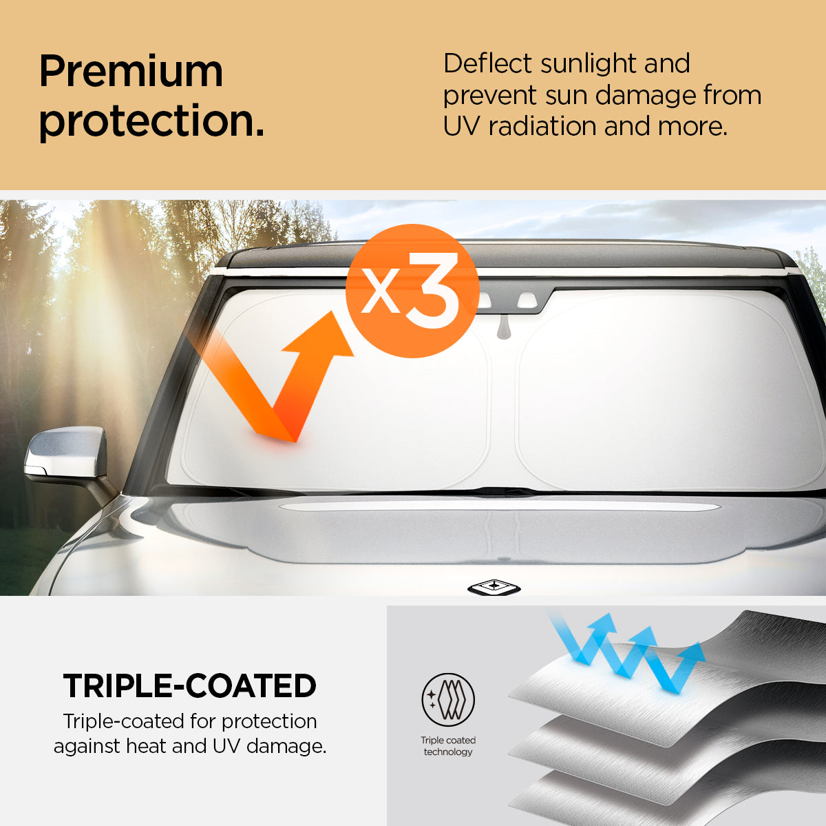 ACP09093 - R1S (2022-2025) Rivian CryoShade RO260 in Black showing the premium protection. Deflect sunlight and prevent sun damage from UV radiation and more. Triple-coated for protection against heat and UV damage. Reflective, Insulating and Protective