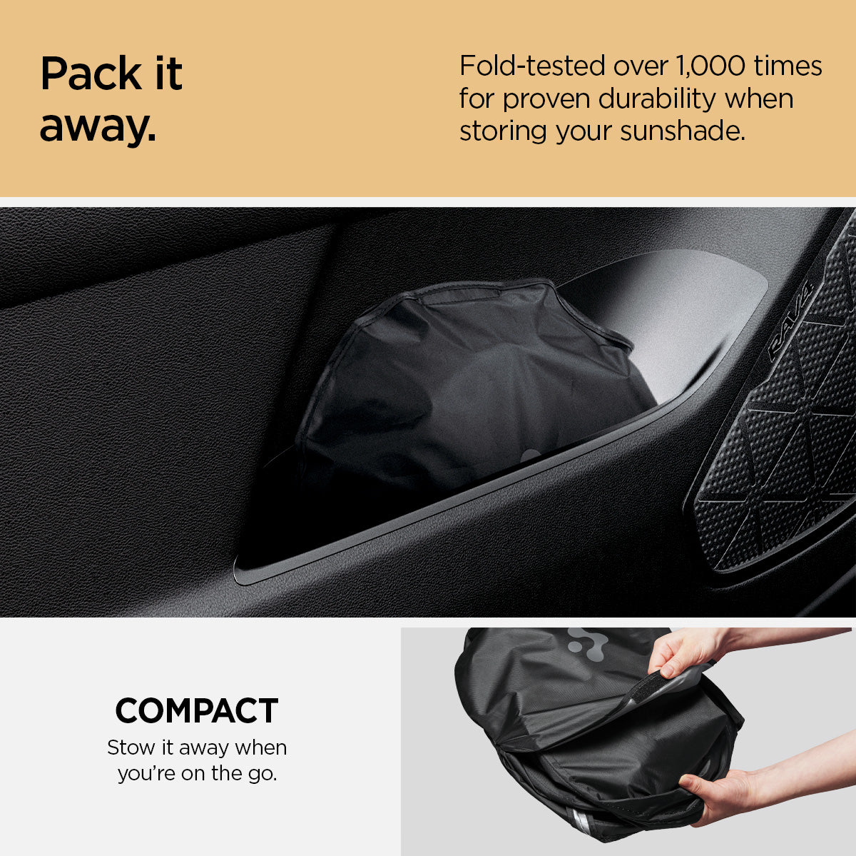 ACP09093 - R1S (2022-2025) Rivian CryoShade RO260 in Black showing the fold-tested over 1,000 times for proven durability when storing your sunshade. Compact and can stow away when you're on the go