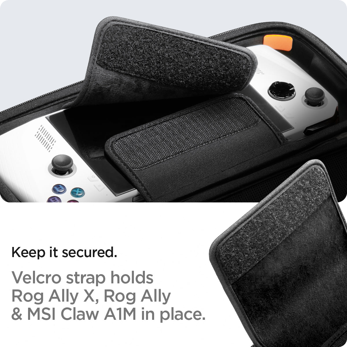 AFA06923 - ROG Ally (2023) RC71L Rugged Armor Pro Pouch in black showing the velcro strap holds Rog Ally X, Rog Ally & MSI Claw A1M in place
