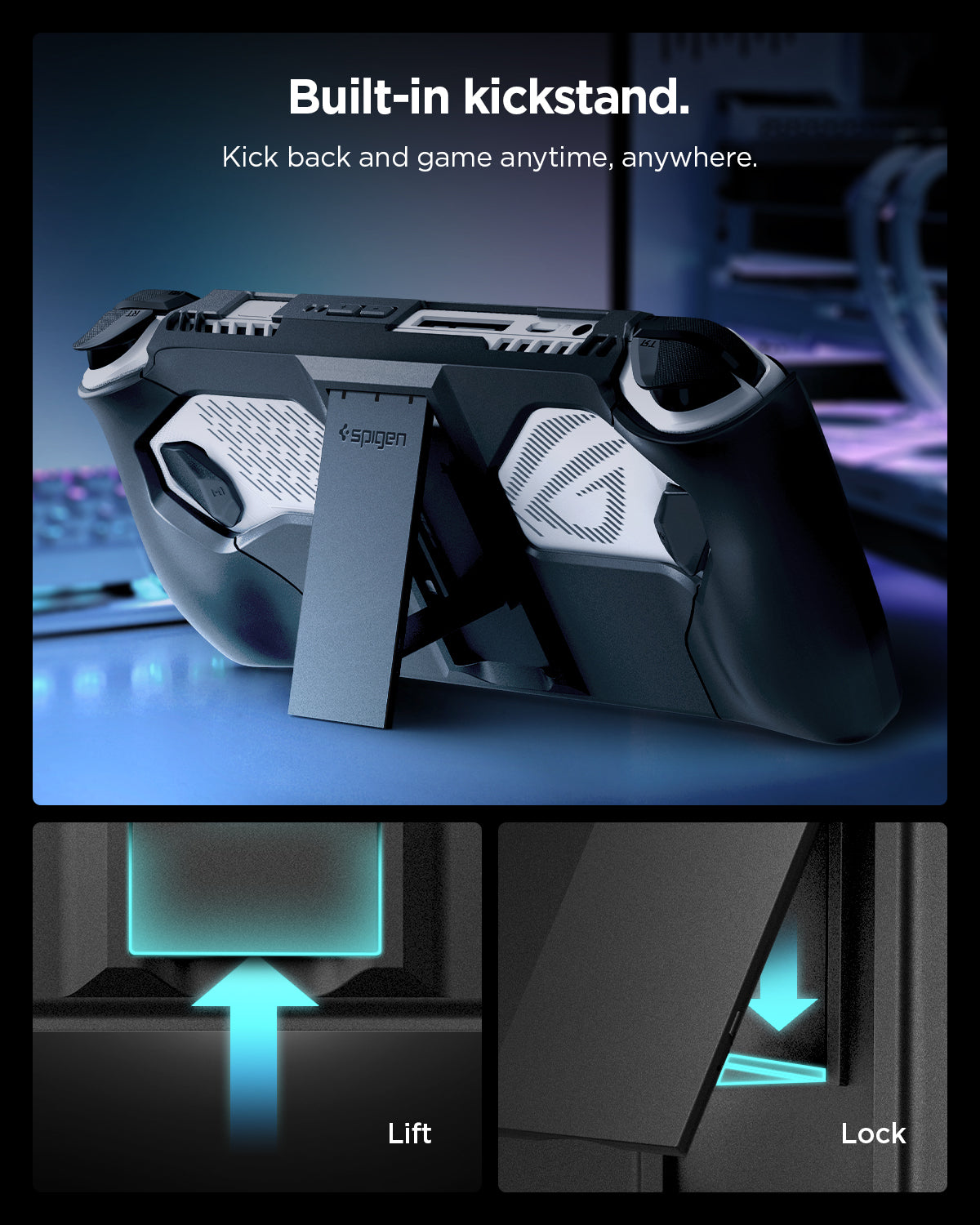 ACS06922 - ROG Ally Series Case Thin Fit Pro in black showing the built-in kickstand. Kick back and game anytime, anywhere. Just lift and lock