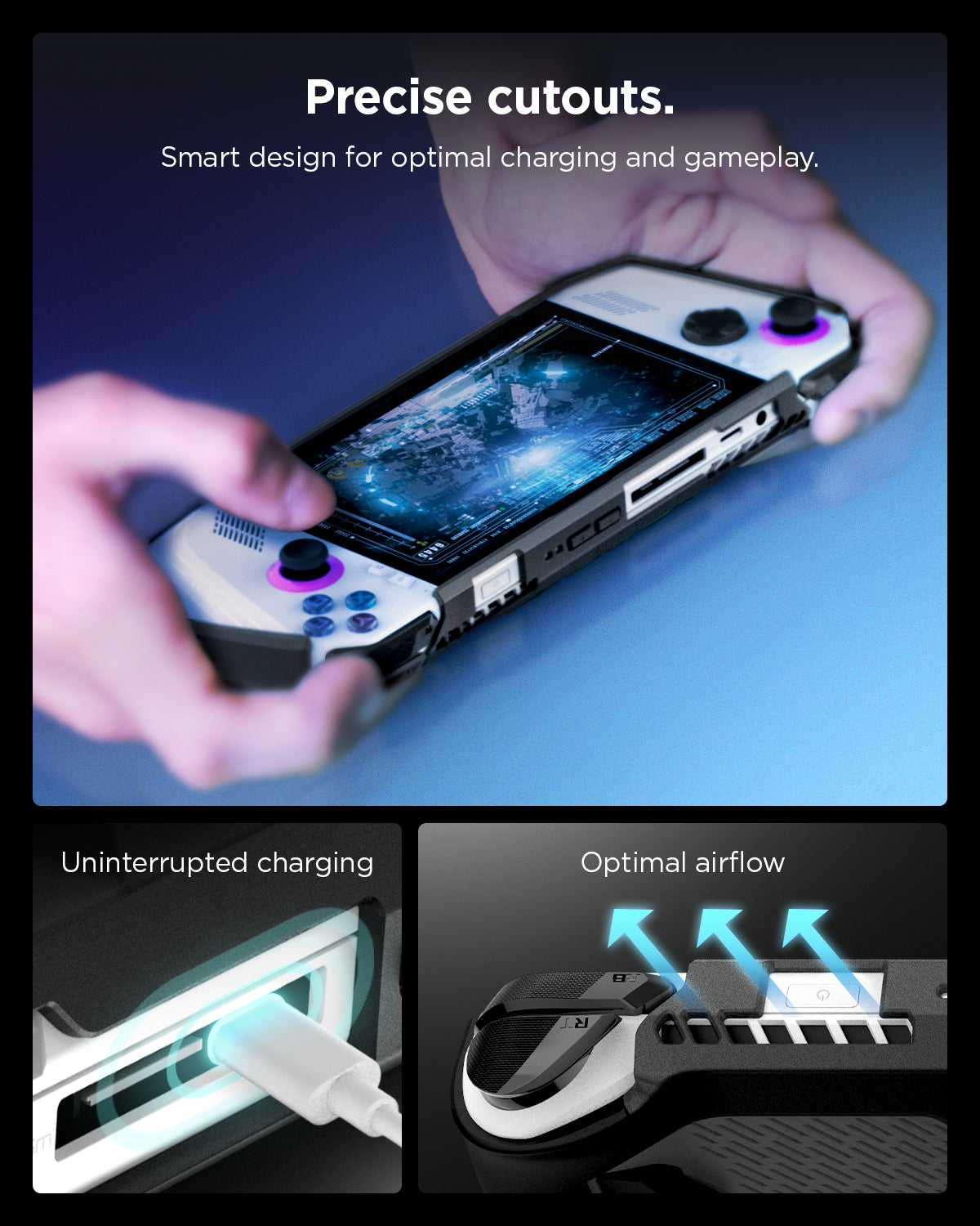 ACS06922 - ROG Ally Series Case Thin Fit Pro in black showing the precise cutouts, Smart design for optimal charging and gameplay with uninterrupted charging and optimal airflow