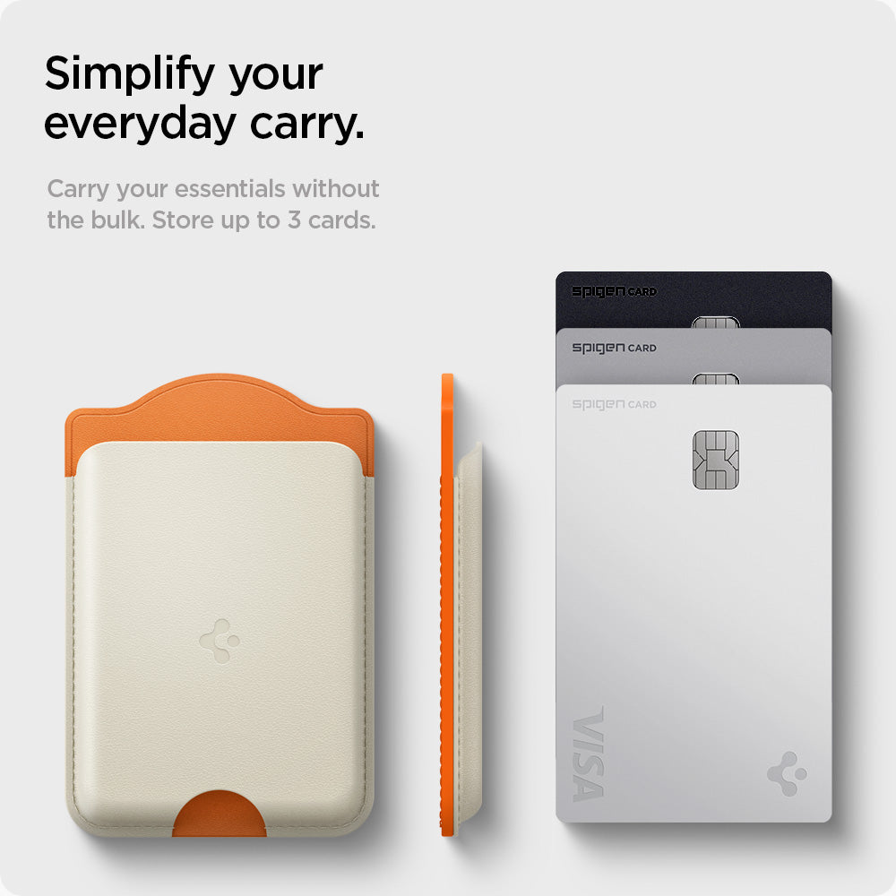AFA09233 - Galaxy S25 Case MagSafe Card Holder Nano Pop (MagFit) in Orange Beige showing simplifying your everyday carry. Carry your essentials without the bulk. Store up to 3 cards