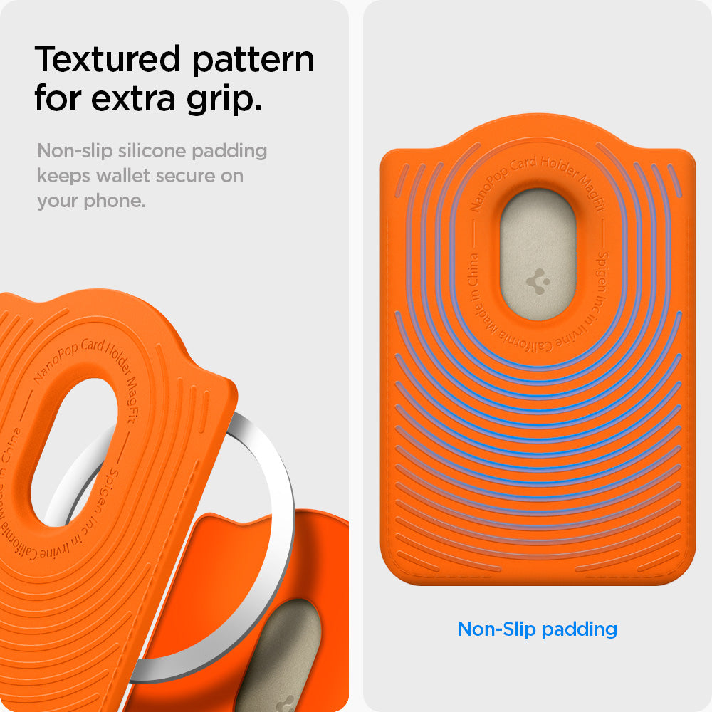 AFA09233 - Galaxy S25 Case MagSafe Card Holder Nano Pop (MagFit) in Orange Beige showing the textured pattern for extra grip. Non-slip silicone padding keeps wallet secure on your phone