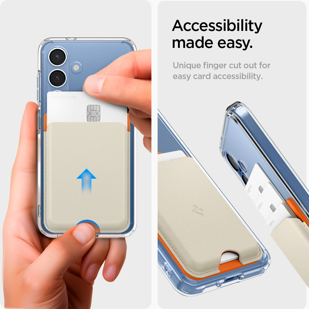 AFA09233 - Galaxy S25 Case MagSafe Card Holder Nano Pop (MagFit) in Orange Beige showing the accessibility made easy. Unique finger cut out for easy card accessibility