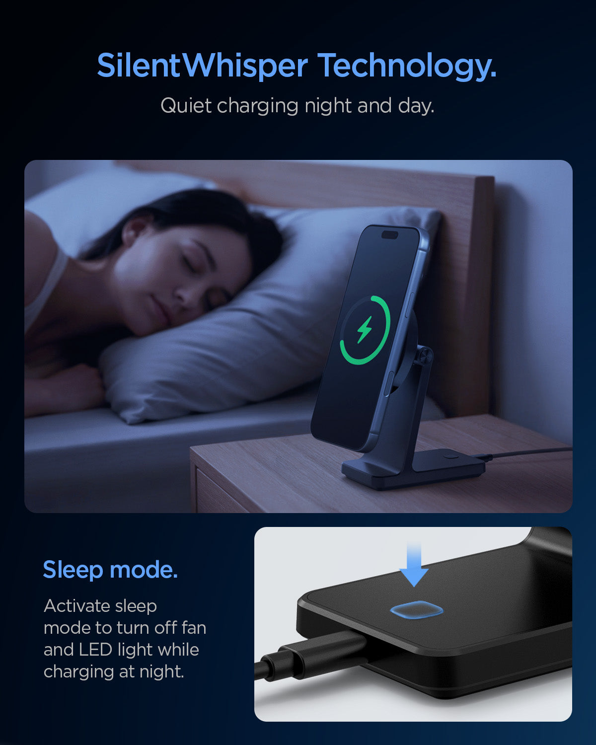 ACH07976 - OneTap Phone Stand S310WC (MagFit) showing silent night charging on bedside with sleep mode fan and LED off