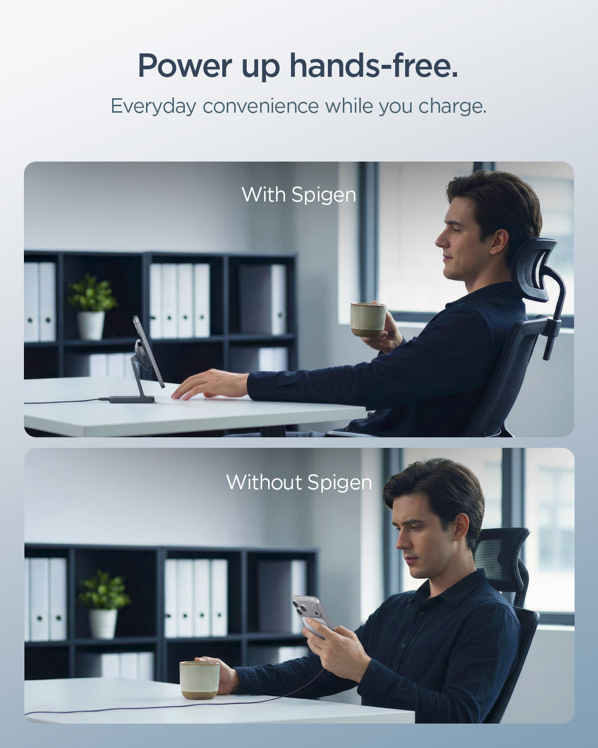 ACH07976 - OneTap Phone Stand S310WC (MagFit) showing hands free desk charging comparison with and without stand usage