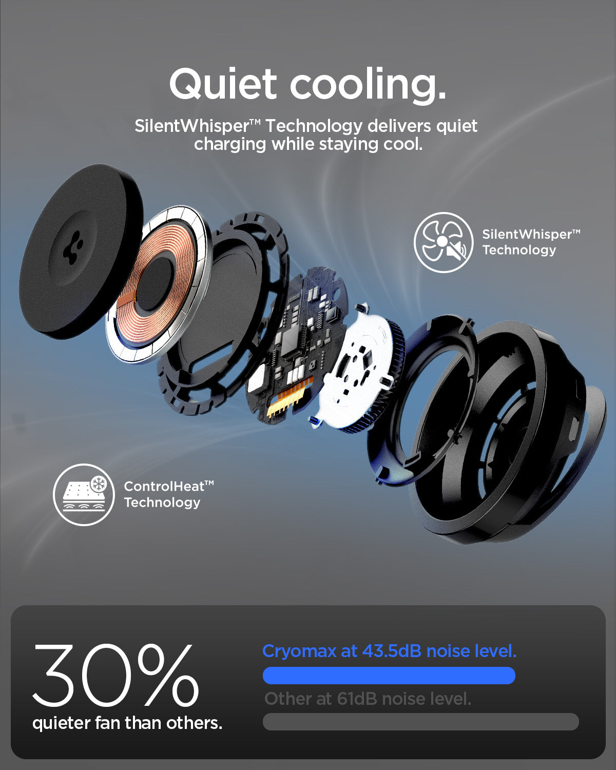 ACH07977 - OneTap Phone Kickstand S310WCK (MagFit) in Black showing the quiet cooling, silentwhisper technology for quiet charging and cooling night and day, 30%quieter fan than others